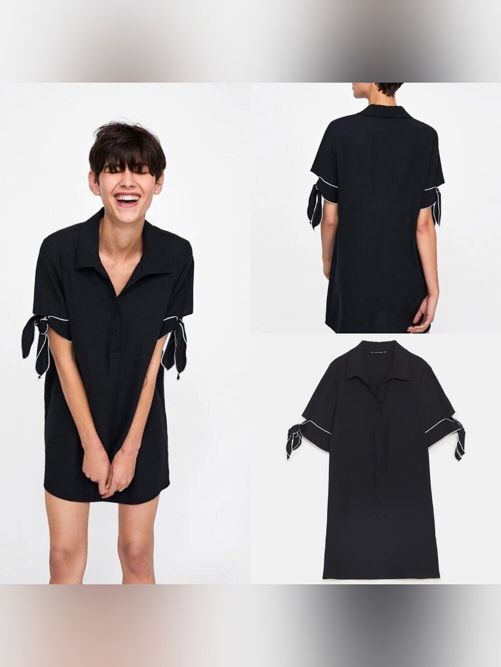 Zara Black & White Polo Drese with Tie Sleeve Bow Mimialist Preppy Feminine